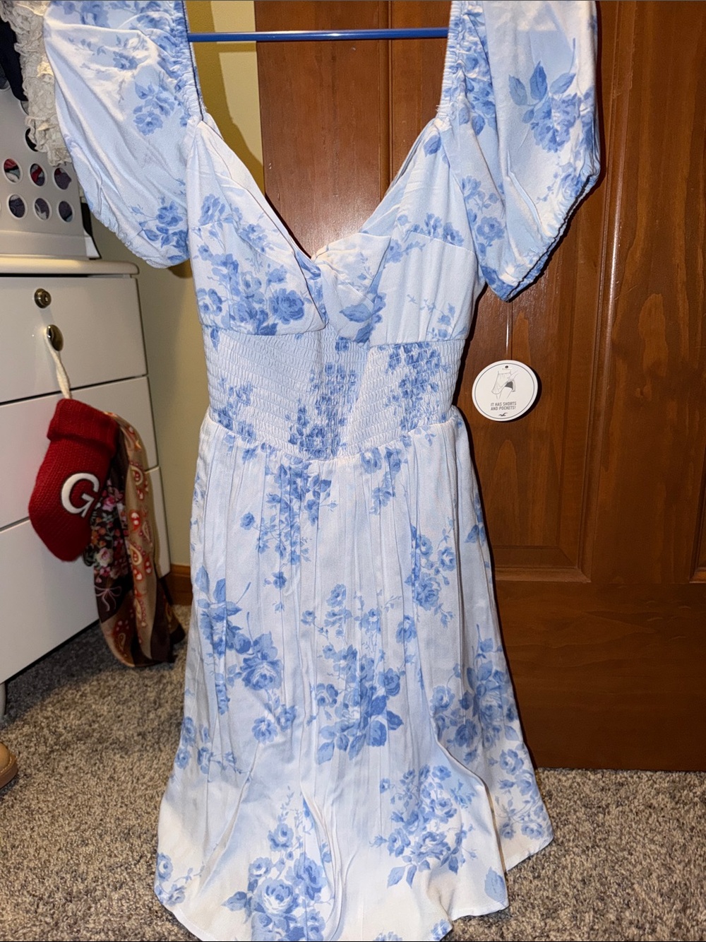 Light Blue Floral Smocked Waist Midi Dress